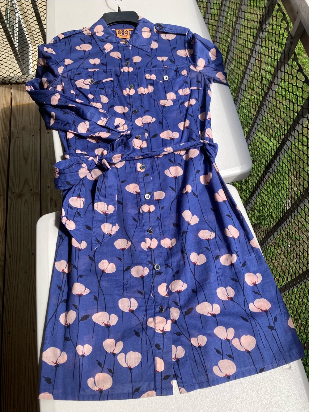 Tory Burch 100% Cotton Blue Button Front Belted Shirt Dress Pink Flower Print - Picture 3 of 14